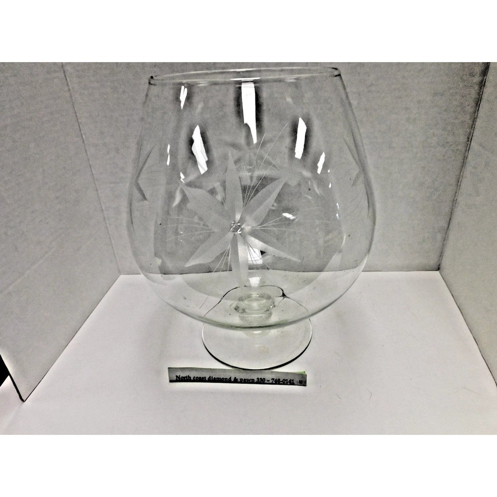 Giant Clear Glass Etched Floral Brandy Snifter Decorative Oversize